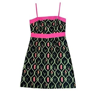 CJ Laing Embroidered Silk Sheath Dress Size 12 Seahorse Print Black Pink Resort